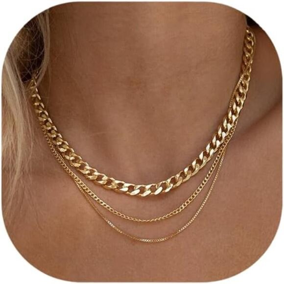 3 Gold Layered Necklaces Anastasia, 14K Gold Plated Dainty Gold Chain Choker - Picture 1 of 8